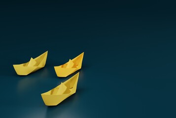 Paper ships sailing in one direction. The concept of business, racing, achieving the goal. Following one chosen direction in life. 3D render, 3D illustration.