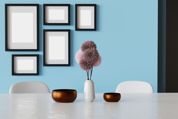 Table in the living room and empty picture frames on the wall. The concept of the interior of the rooms, completing the frames with your images. 3D render, 3D illustration.