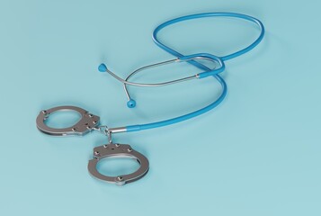 Stethoscope ended with handcuffs. Medical crime concept, doctors problems. Judgments for doctors, medical workers. 3d redner, 3d illustration.