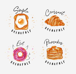 Breakfast set egg and toast, french croissant, sweet donut, pancakes with maple syrup drawing on light background - obrazy, fototapety, plakaty