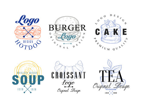 Food Sketch Logo Design with Hot Dog, Burger, Cake, Soup, Croissant and Tea Vector Set