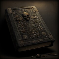 Fototapeta premium Ancient Egyptian book of the dead. Fantasy book, black book with mummies. AI