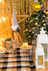 New Year location for family photos with decorated Christmas tree, garland, gifts and elf