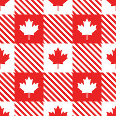 Fototapeta na wymiar Canadian vector seamless pattern. Maple leaves on lumberjack plaid background in red and white colors. Best for textile, wallpapers, decoration, wrapping paper, package and web design.