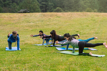 Group of people in a forest practicing yoga, relaxation and meditation concept.