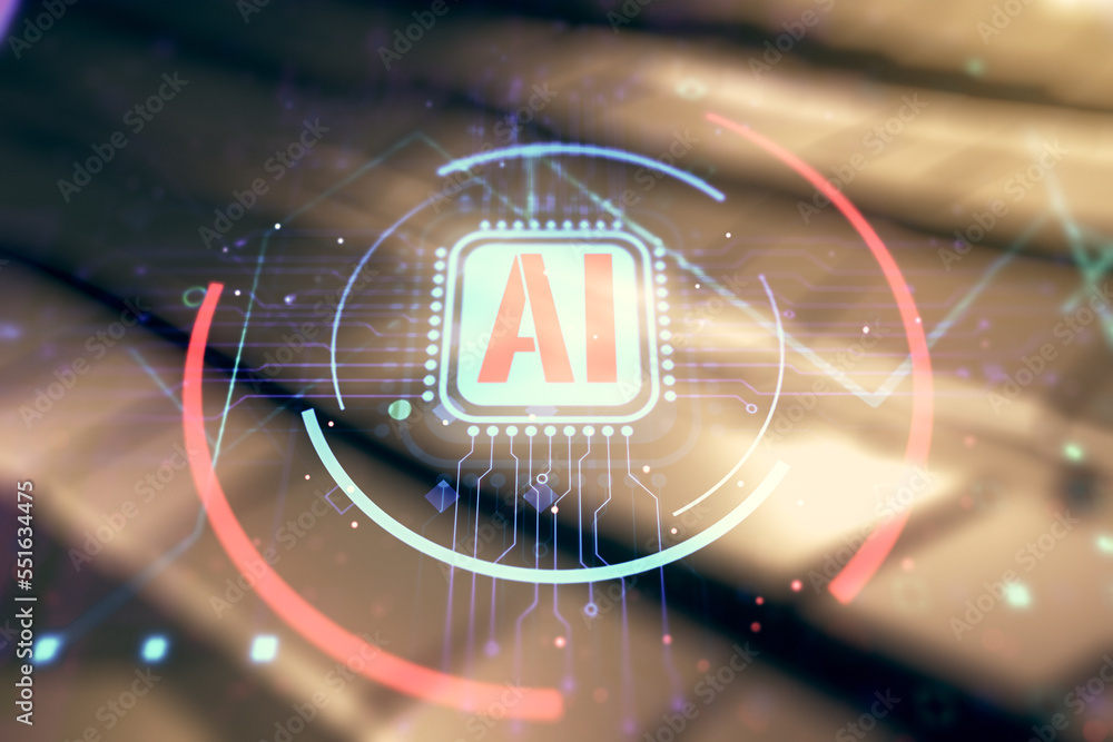 Aufkleber double exposure of creative artificial intelligence abbreviation hologram on shiny metal background.