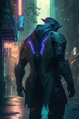 Fototapeta na wymiar Cyberpunk neon cyborg in city streets. Character design.