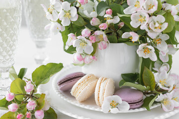 Obraz na płótnie Canvas Beautiful composition with delicious French macarons and spring flowers in a white cup. Sweet dessert, early spring white and pink flowers, wedding decor, bride morning