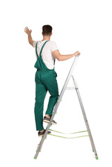 Worker in uniform climbing up metal ladder on white background