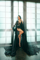 1920s retro style flapper lady. Fantasy sexy woman queen stands near large French window, long bare...