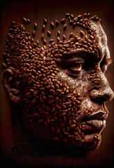 Generative AI render of a mockup human head made of coffee beans