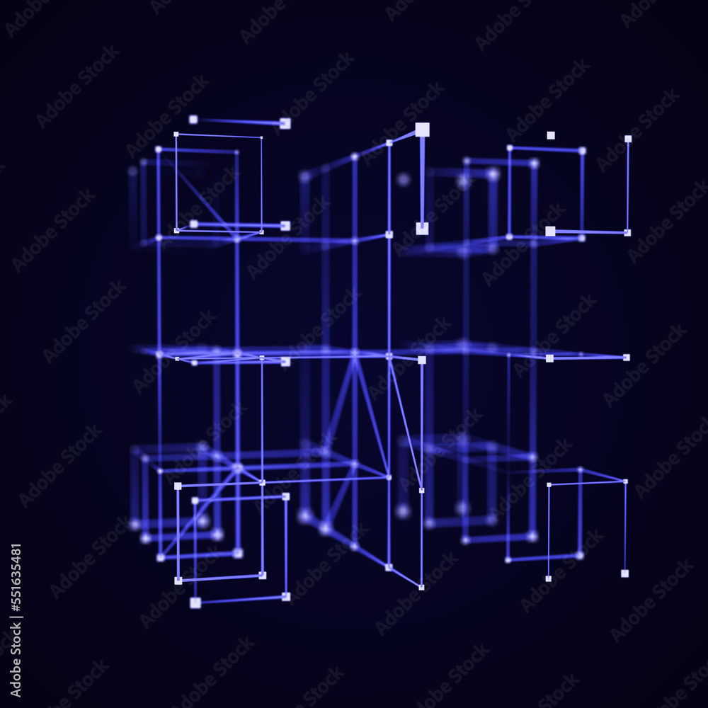 Poster abstract lines connection in the shape of boxes. mesh square with structured particles, frame of min