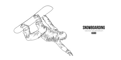 Abstract silhouette of a snowboarding on white background. The snowboarder man doing a trick. Carving. Vector illustration