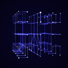 Abstract lines connection in the shape of boxes. Mesh square with structured particles, frame of mining farm. Digital futuristic technology of network. 3d rendering.
