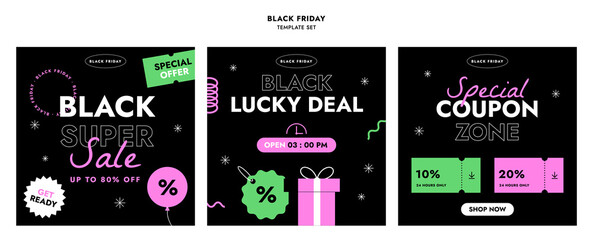 Set of colorful sale banners. Minimalistic abstract design for web banner, social media, ad, promo poster. Black friday business offer template set. Cool label patch. Trendy flat vector illustration.