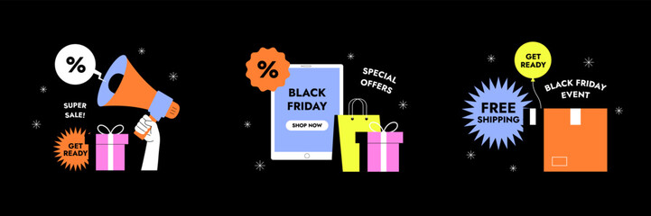 Online shopping concept set. E-commerce, customer on the sale. App on mobile phone and computer. Web banner, social media, ad, promo poster. Black friday template. Trendy flat vector illustration.