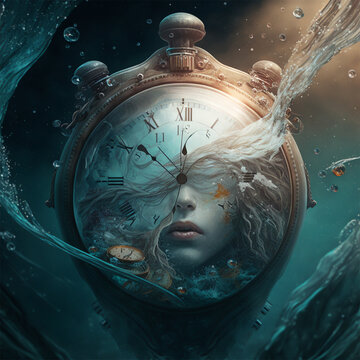 old watch underwater with a woman's face - Generative AI
