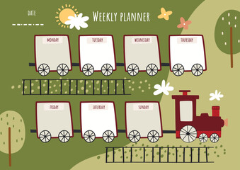 Print kids weekly planner witn cute train. Cartoon railway vector printable design. 