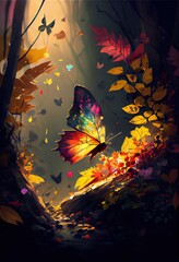 A beautiful butterfly flies over the autumn leaves. Autumn landscape with a butterfly. Generative AI - 551636271