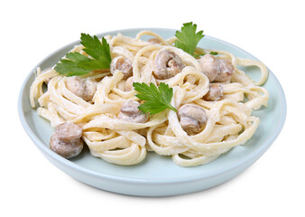 Delicious pasta with mushrooms on white background