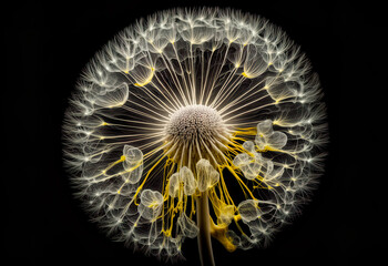 Fictional fantasy of a dandelion and a brain, a hybrid is born with its fantastic structures, beautiful background for imaginative projects, illustration, digital