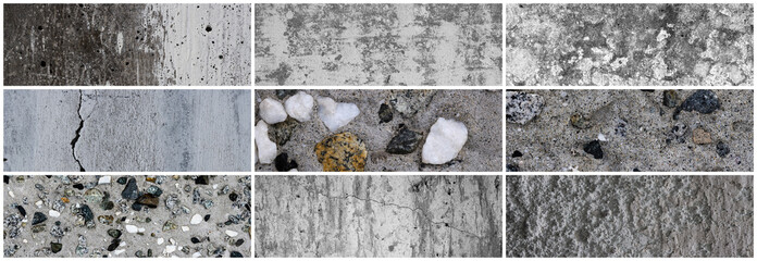 Texture set of old cracked concrete walls. Collection of panoramic backgrounds for design. Rough gray concrete surfaces with stones.