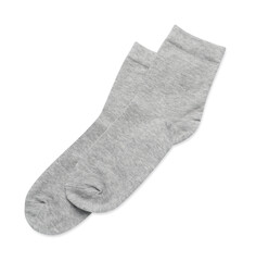 Pair of light grey socks isolated on white, top view
