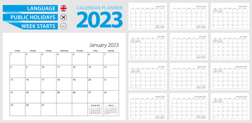 Wall calendar planner for 2023. English language, week starts from Sunday.