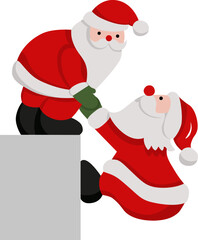 two santa claus climb on the house