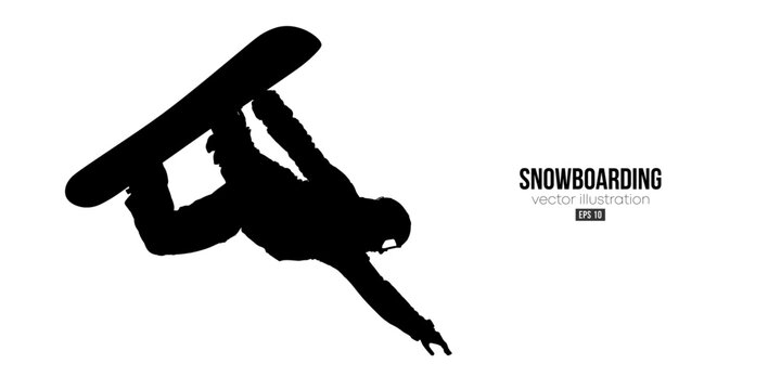 Abstract silhouette of a snowboarding on white background. The snowboarder man doing a trick. Carving. Vector illustration