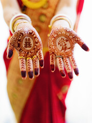 Hand of Indian woman with henna drawings, holding palms up