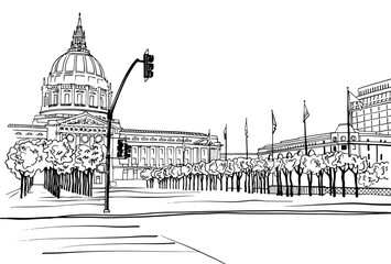 Nice square in San Francisco. Digital illustration. Hand drawn Urban sketch. Line art. Ink drawing. Vector landscape. Without people. Postcard style.