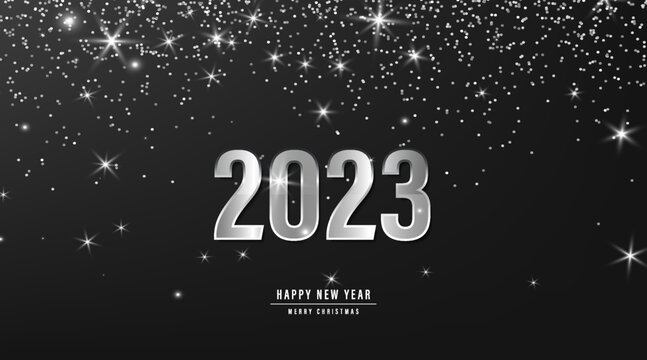 New year 2023 blank banner with text space. 2023 silver glitter on black background