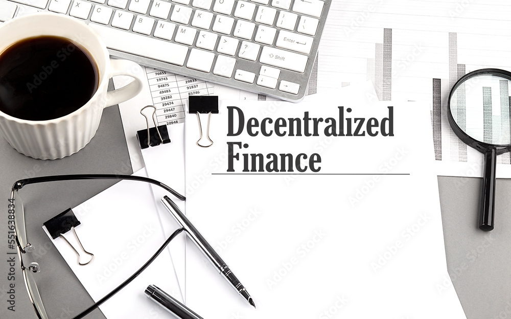 Poster decentralized finance text on a paper with magnifier, coffee and keyboard on grey background