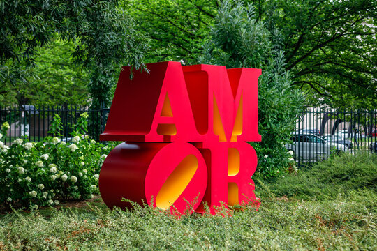 Washington, DC USA - July 28, 2021: AMOR sculpture by Robert Indiana in 2006 at the National Gallery of Art Sculpture Garden on the National Mall made of polychrome aluminum