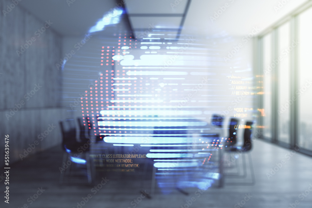 Poster multi exposure of abstract programming language hologram and world map on a modern furnished office 