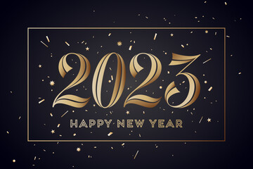 2023, Happy New Year. Greeting card with 2023 for golden Happy New Year holiday. Golden glossy bright style for Happy New Year or Merry Christmas. Holiday gold background, banner. Vector Illustration