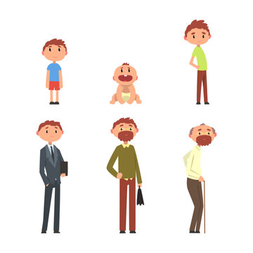 Life Cycle of Man and Stages of Growing Up from Baby to Man Vector Set