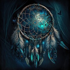 Indian Magical amulet Dreamcatcher, protecting the sleeper from evil spirits and diseases. bad dreams get tangled in the web, while good dreams slip through the hole in the middle. AI - obrazy, fototapety, plakaty