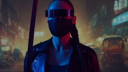 Cyberpunk ninja girl in a mask and with a katana. Beautiful female samurai woman on the background of Asian city downtown. © Acronym