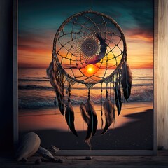 Dream catcher on the background of the sea sunset. AI