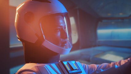 A woman astronaut in a space suit aboard the orbital station. A young female cosmonaut pilots a...