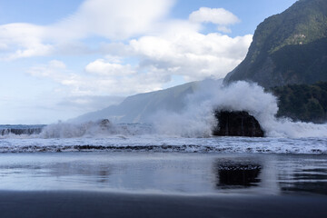 black sand beach of Madeira view on mountains