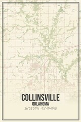 Retro US city map of Collinsville, Oklahoma. Vintage street map.