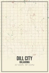 Retro US city map of Dill City, Oklahoma. Vintage street map.
