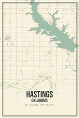 Retro US city map of Hastings, Oklahoma. Vintage street map.