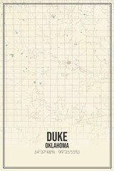 Retro US city map of Duke, Oklahoma. Vintage street map.