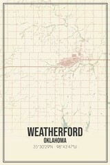 Retro US city map of Weatherford, Oklahoma. Vintage street map.