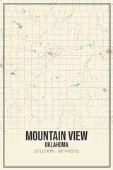Retro US city map of Mountain View, Oklahoma. Vintage street map.