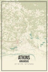 Retro US city map of Atkins, Arkansas. Vintage street map.